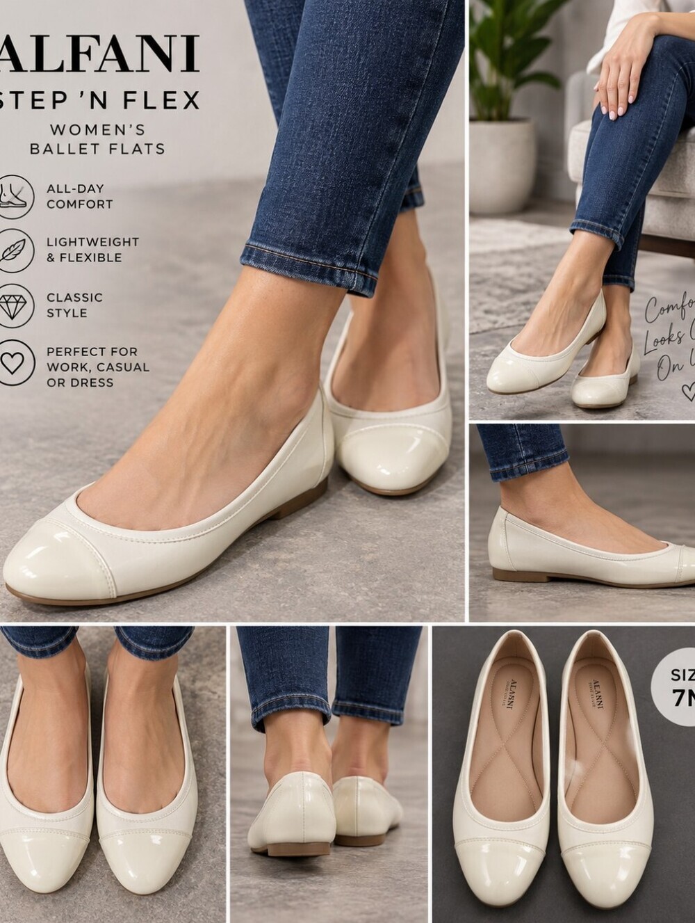 Alfani Step ’N Flex Women’s 7M Ivory Faux Leather Patent Cap Toe Flats